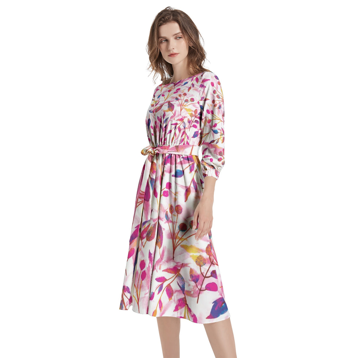 Boat Neck Belted Flared Dress