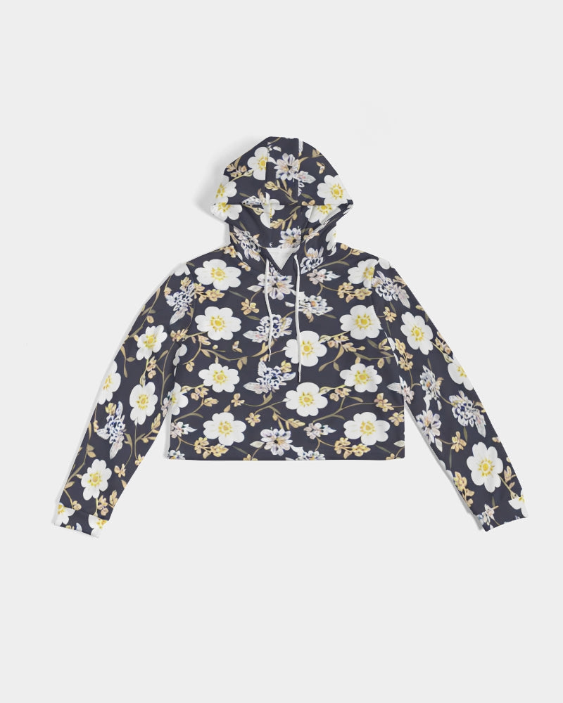 Pink flower black background Women's All-Over Print Cropped Hoodie