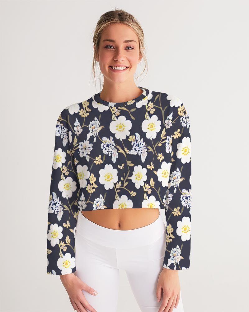 Pink flower black background Women's All-Over Print Cropped Sweatshirt