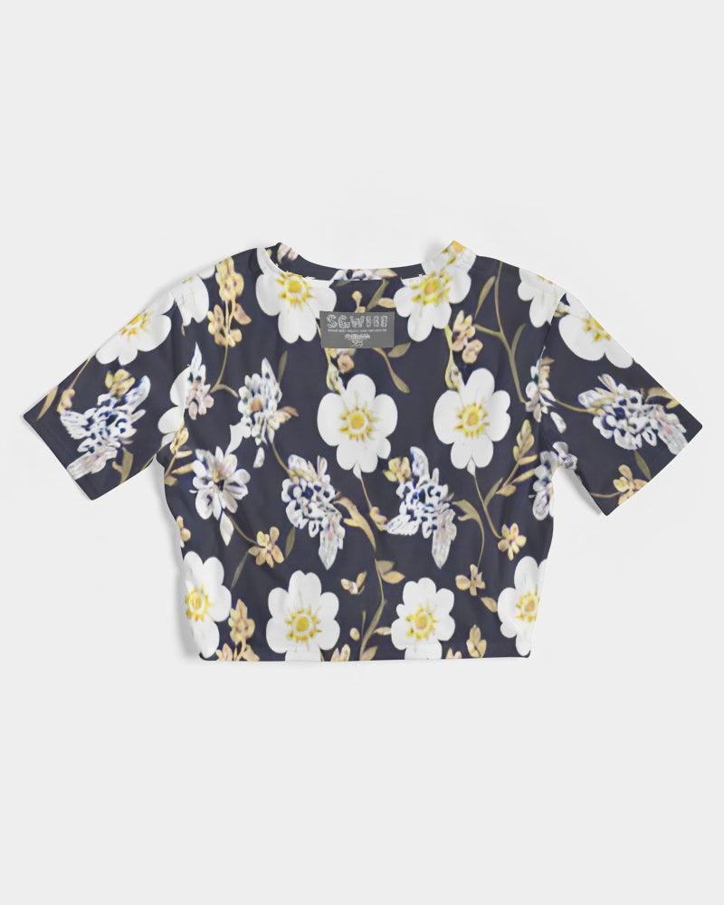 Pink flower black background Women's All-Over Print Twist-Front Cropped Tee