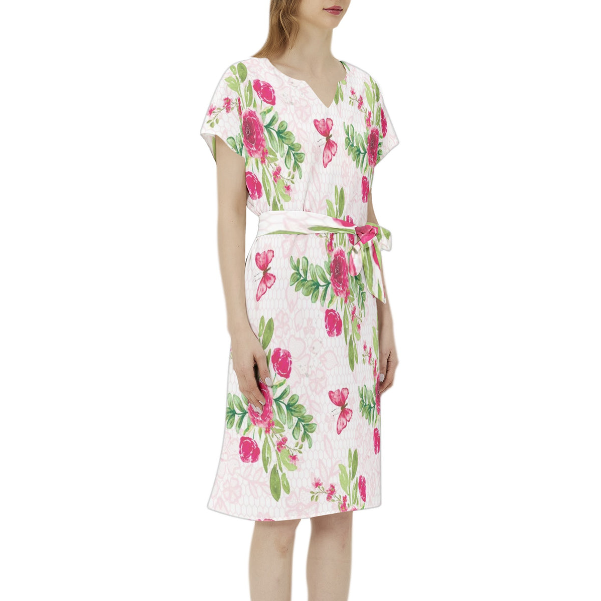 Betwing Seleeve Notch Neck Casual Dress with Belt