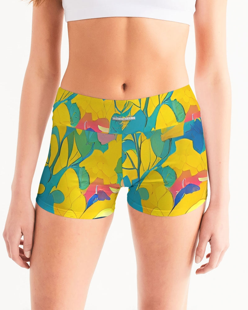 Beautiful yellow and blue hint of red pattern Women's Mid-Rise Yoga Shorts
