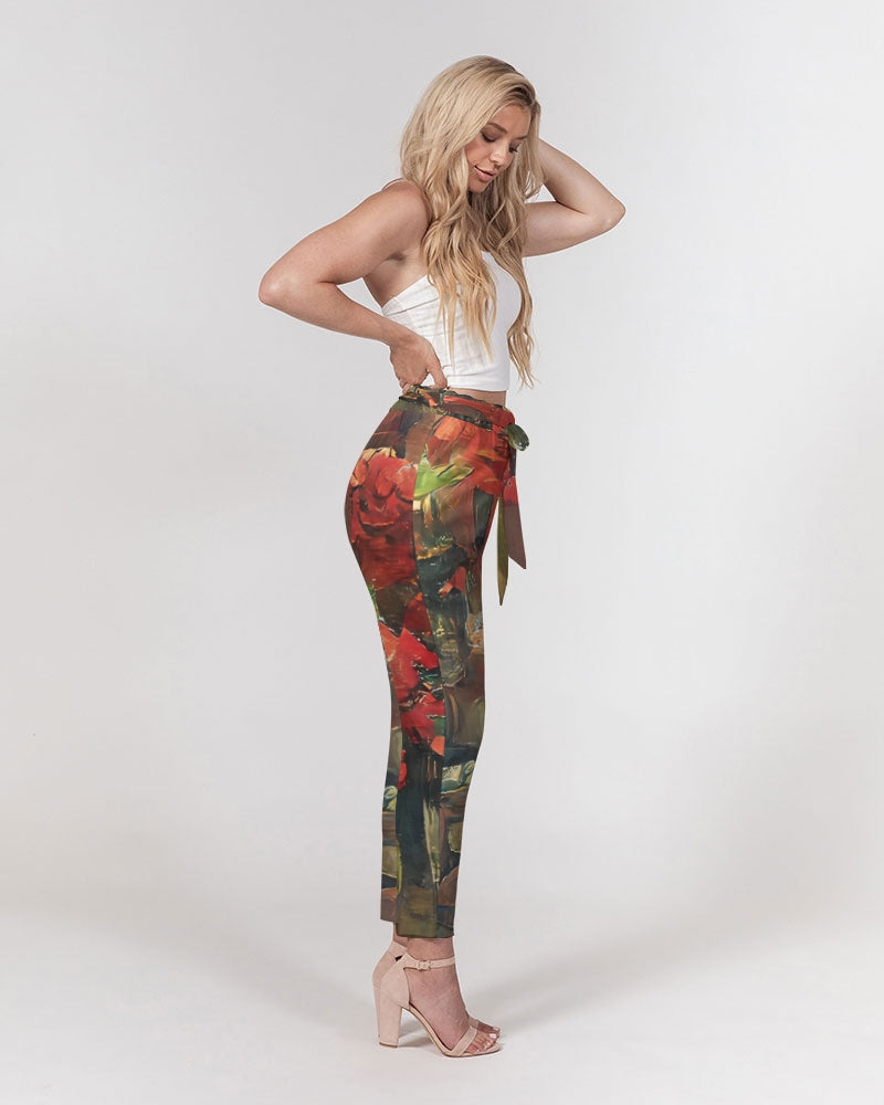 Abstract Rose design Women's Belted Tapered Pants
