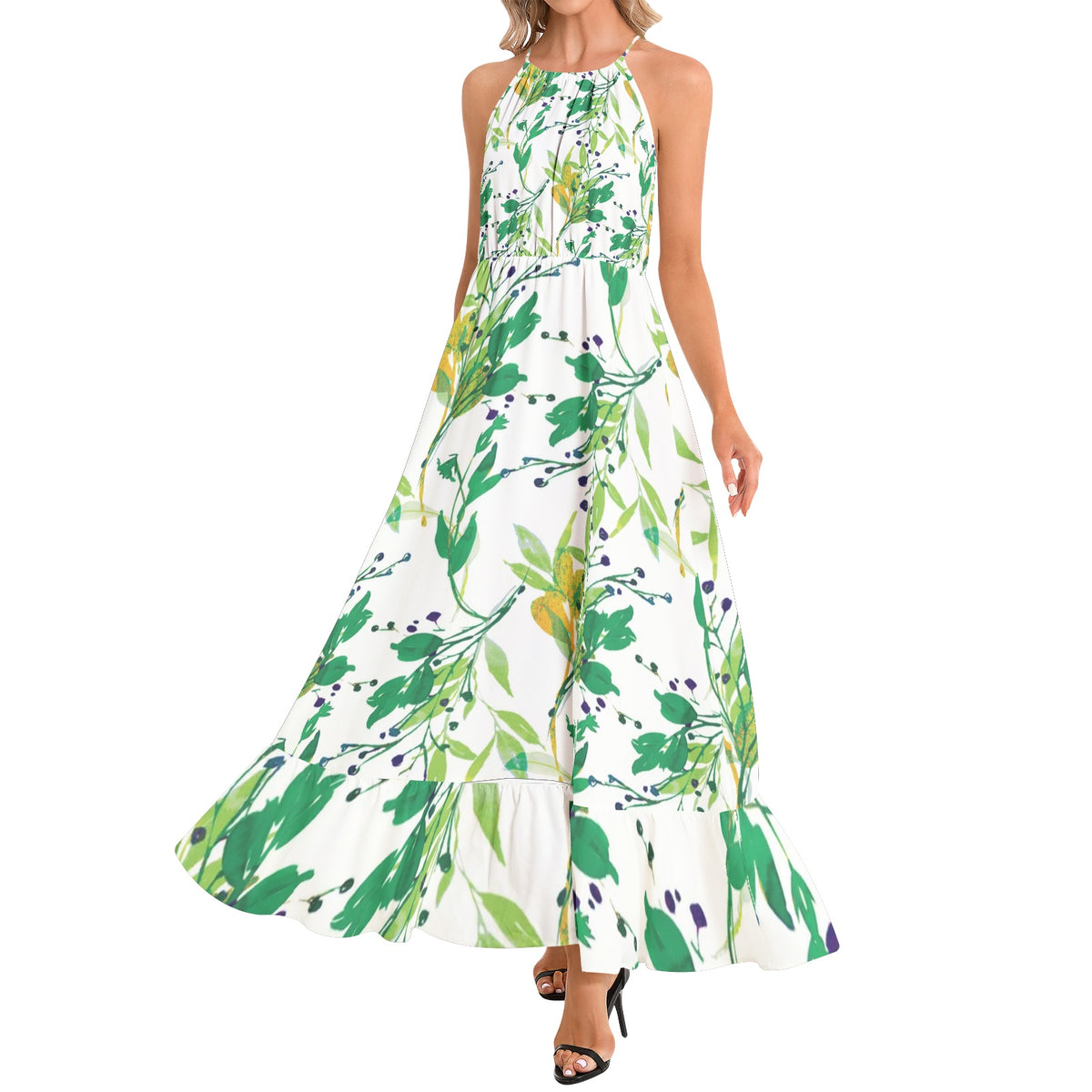 Ruffle Hem Halter Neck Maxi Dress