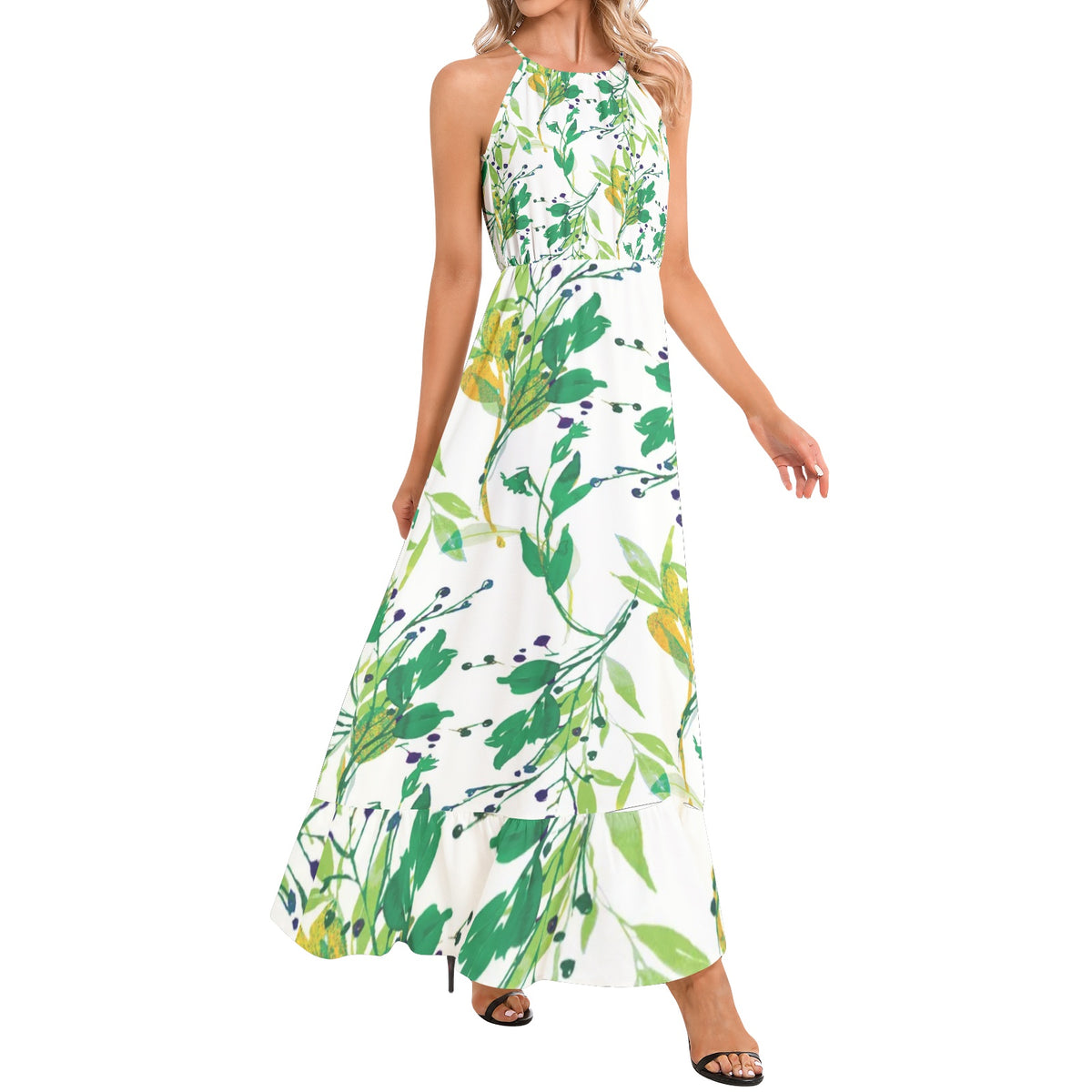 Ruffle Hem Halter Neck Maxi Dress