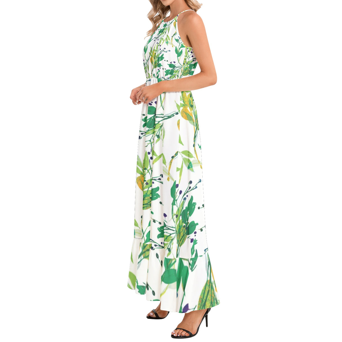 Ruffle Hem Halter Neck Maxi Dress