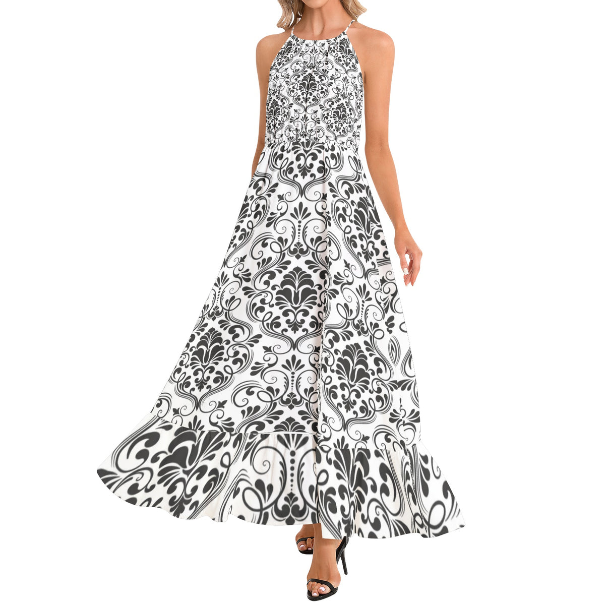 Ruffle Hem Halter Neck Maxi Dress