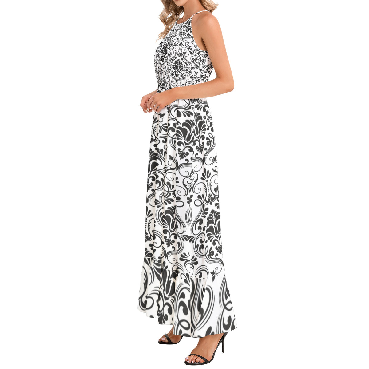 Ruffle Hem Halter Neck Maxi Dress