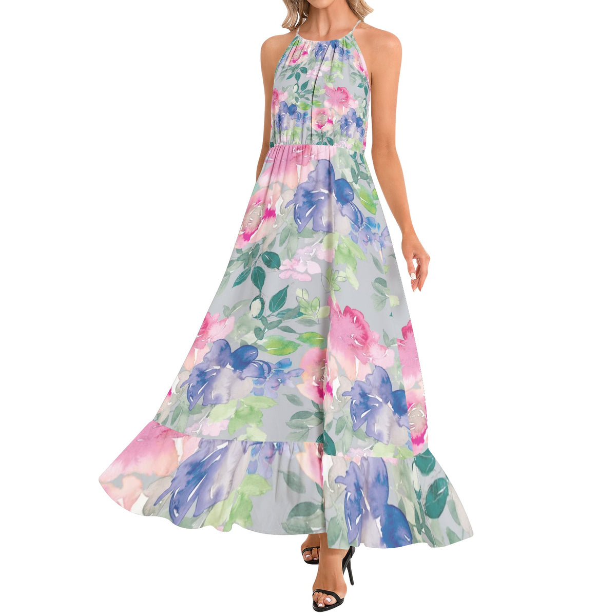 Ruffle Hem Halter Neck Maxi Dress