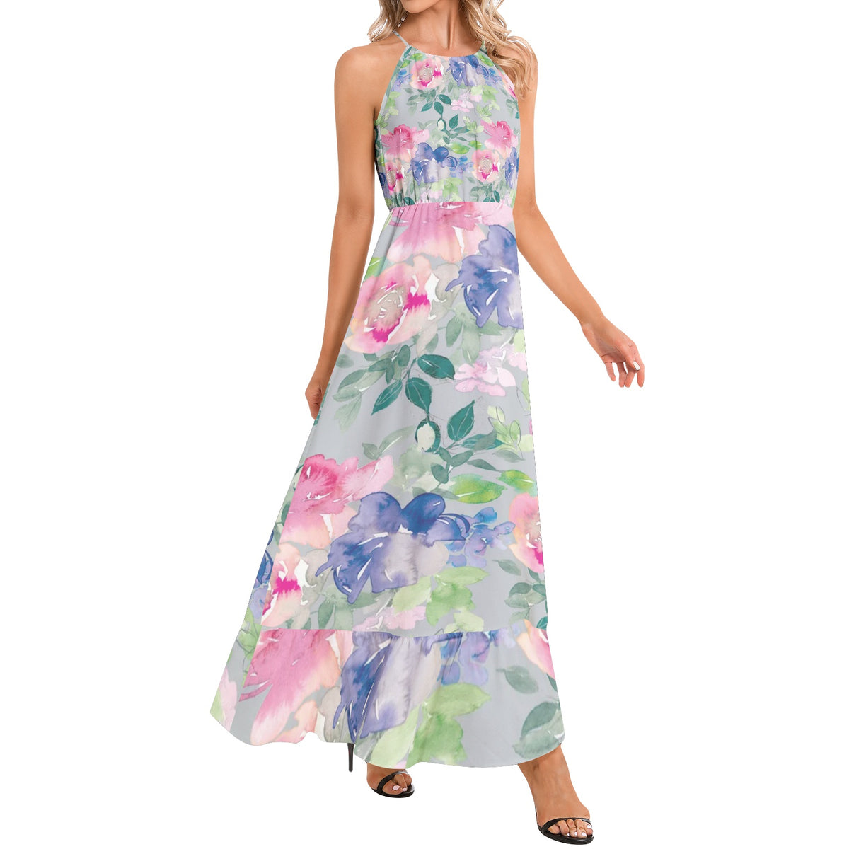 Ruffle Hem Halter Neck Maxi Dress