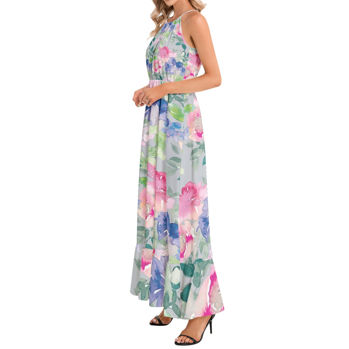 Ruffle Hem Halter Neck Maxi Dress