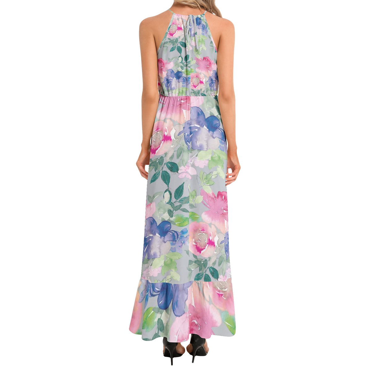 Ruffle Hem Halter Neck Maxi Dress