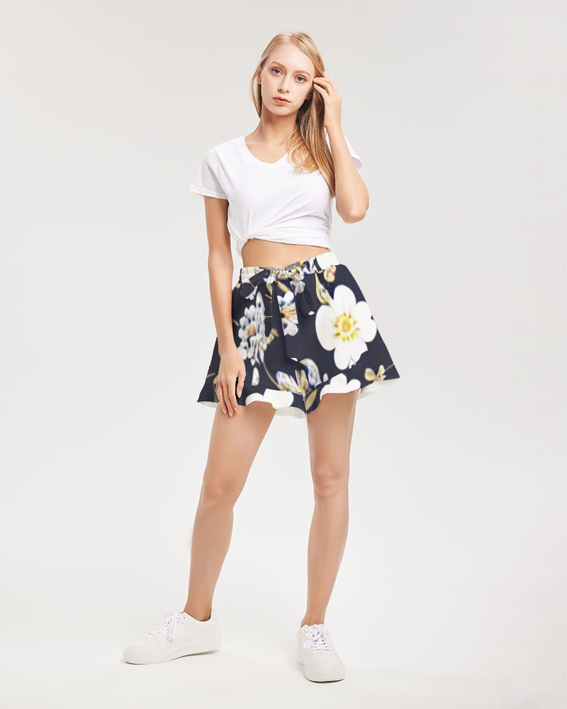 Pink flower black background Women's All-Over Print Ruffle Shorts