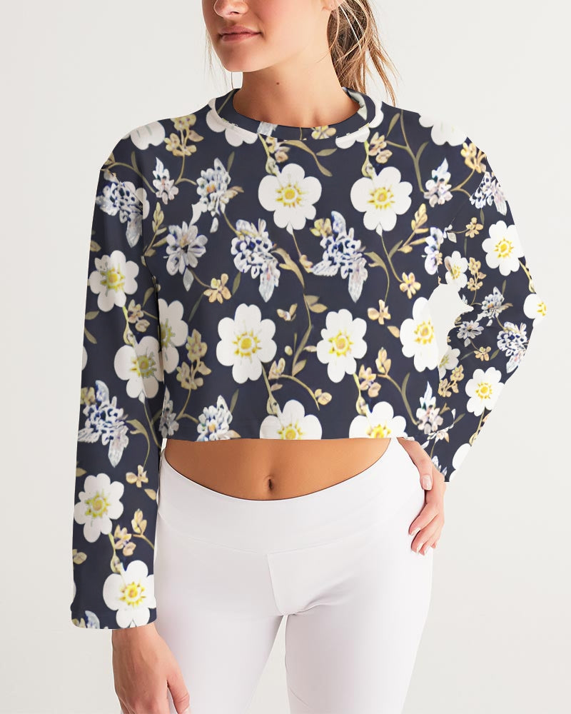 Pink flower black background Women's All-Over Print Cropped Sweatshirt