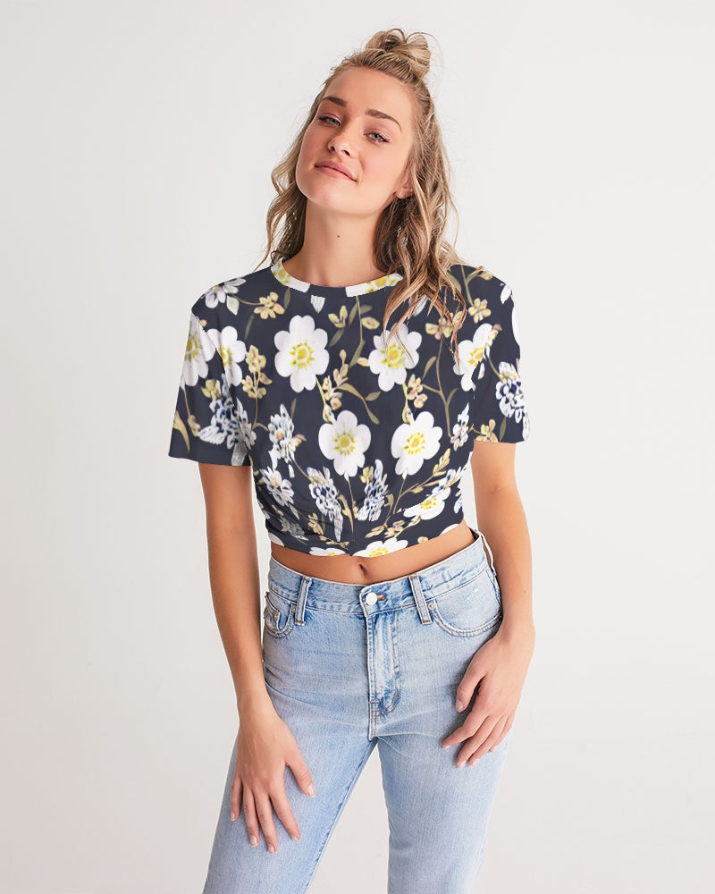 Pink flower black background Women's All-Over Print Twist-Front Cropped Tee