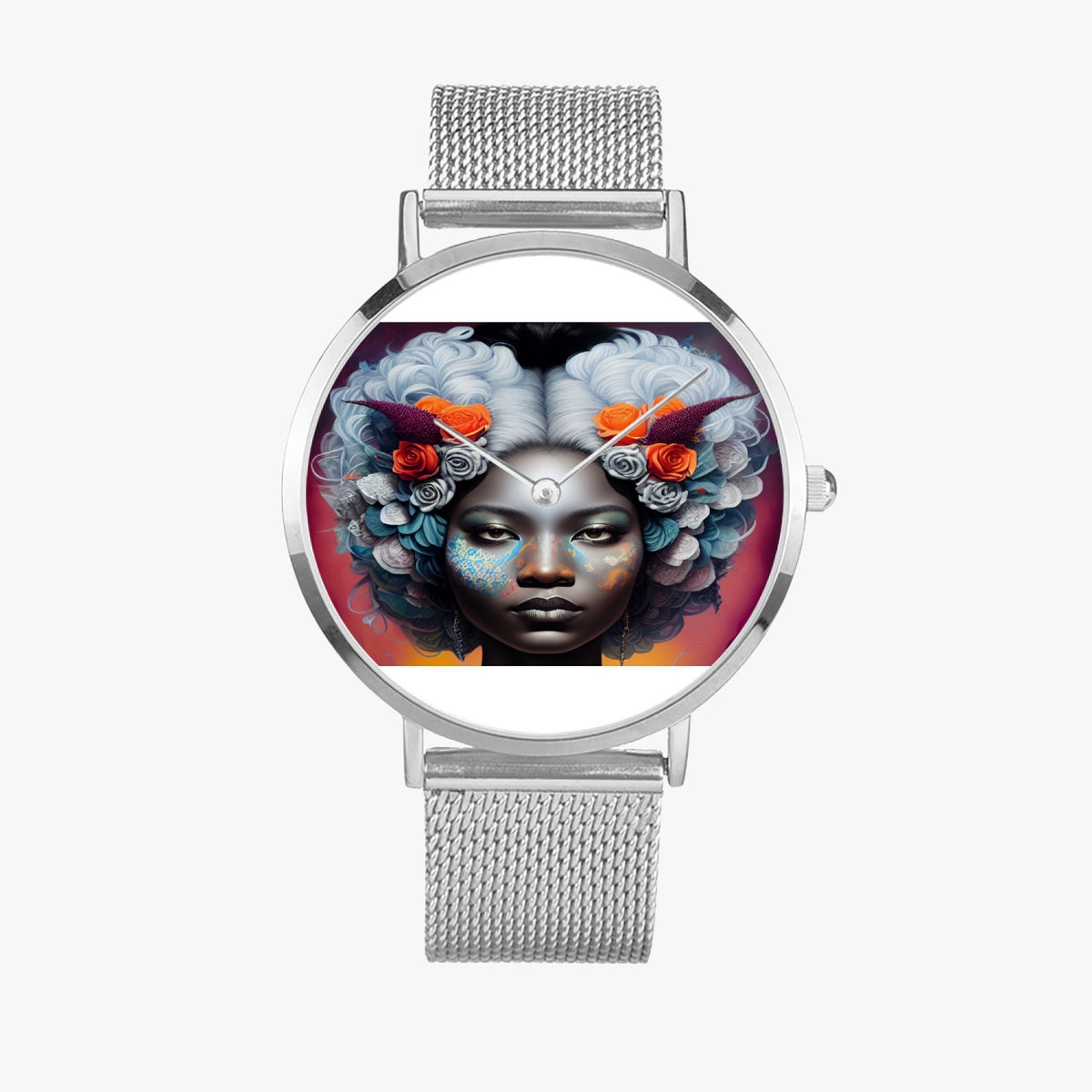 Black woman clock face Silver grey white hair inspiration Fashion Ultra-thin Stainless Steel Quartz Watch