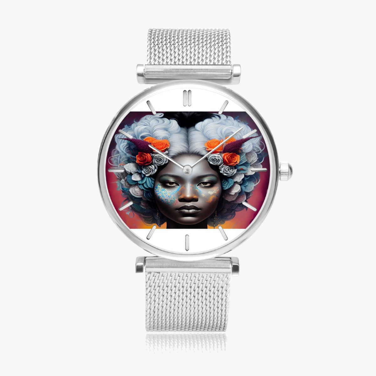 Black woman clock face Silver grey white hair inspiration New Stylish Ultra-Thin Quartz Watch (With Indicators)