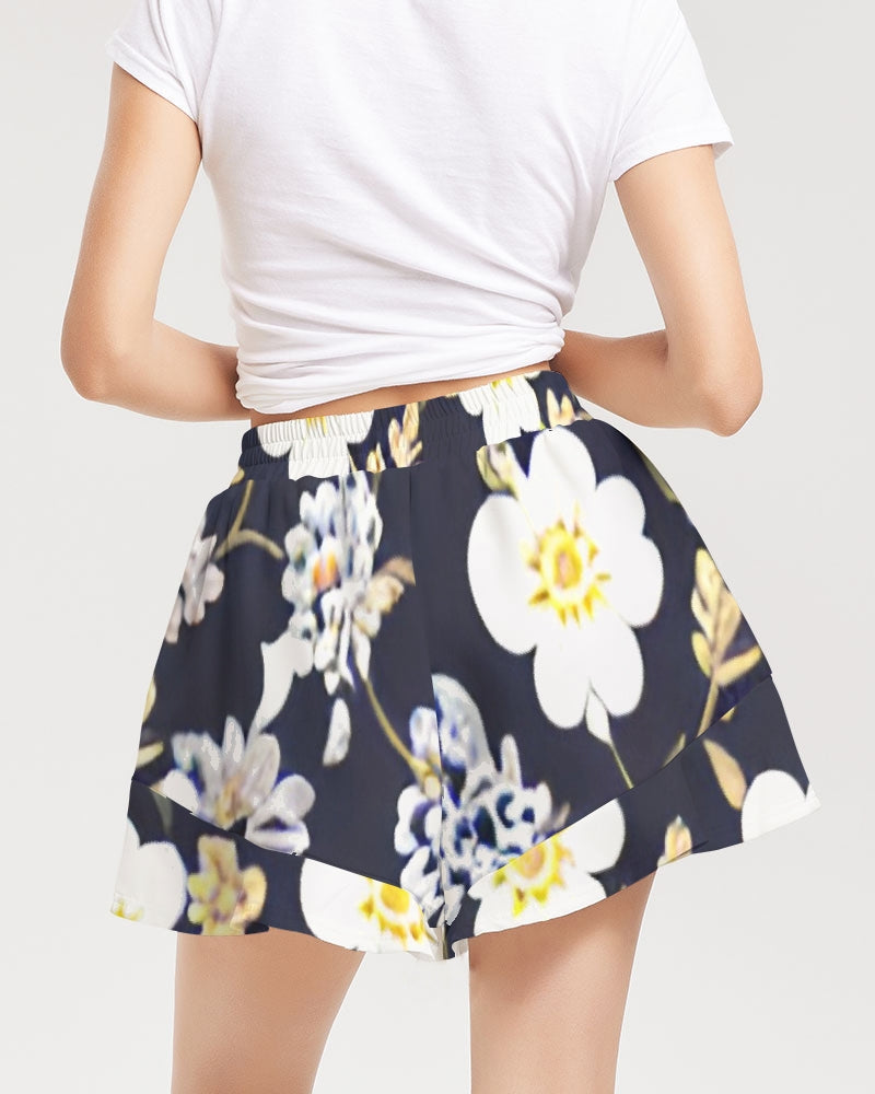 Pink flower black background Women's All-Over Print Ruffle Shorts