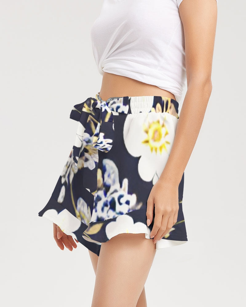 Pink flower black background Women's All-Over Print Ruffle Shorts