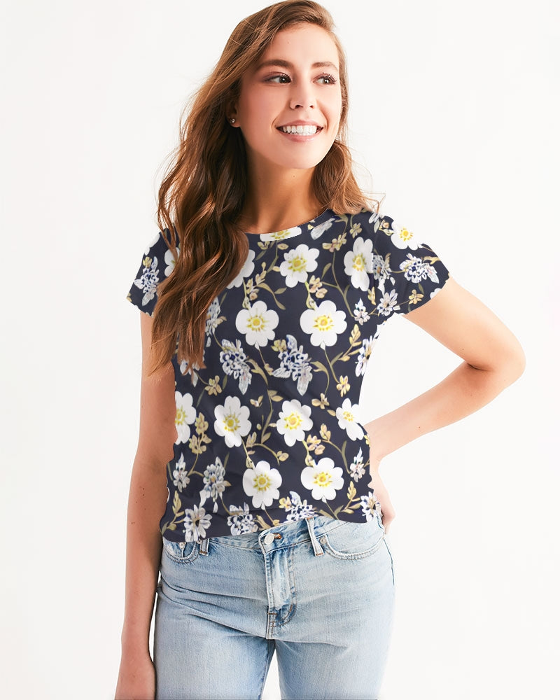 Pink flower black background Women's All-Over Print Tee