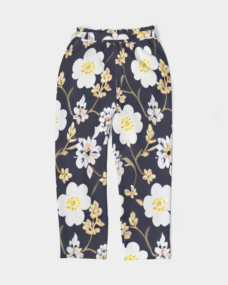 Pink flower black background Women's All-Over Print Belted Tapered Pants