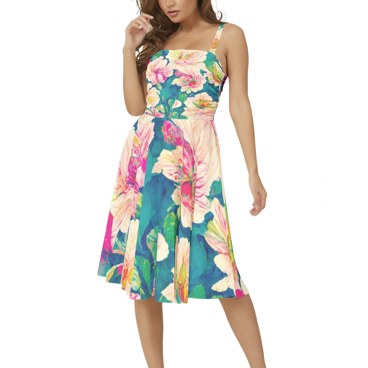 Sleeveless Square Neck Flare Hem Midi Dress