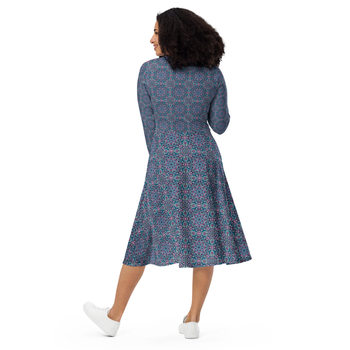 Silver Grey White heir inspiration All-over print long sleeve midi dress