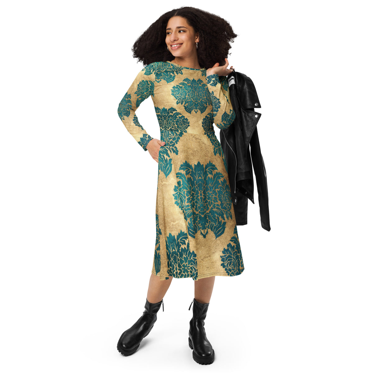 Silver Grey White heir inspiration All-over print long sleeve midi dress