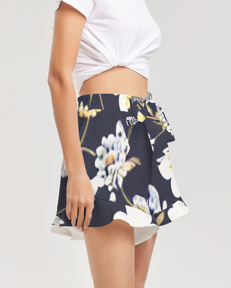Pink flower black background Women's All-Over Print Ruffle Shorts