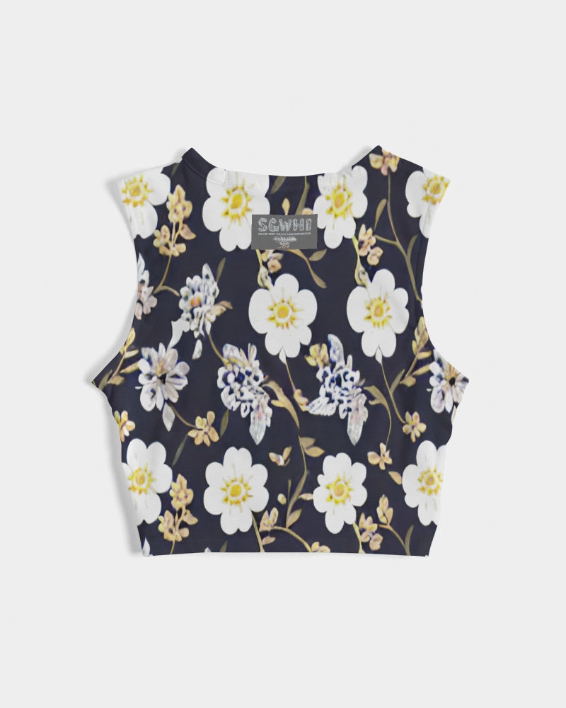 Pink flower black background Women's  All-Over Print Twist-Front Tank