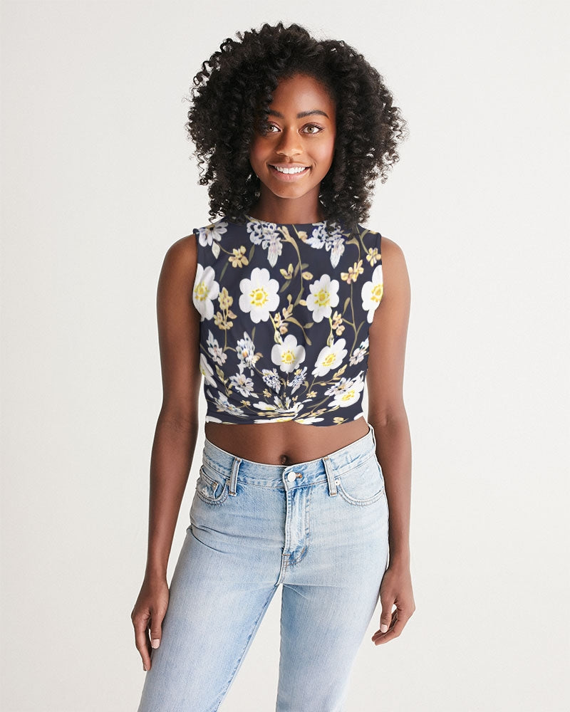 Pink flower black background Women's  All-Over Print Twist-Front Tank
