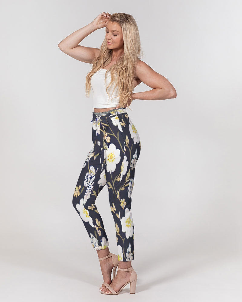 Pink flower black background Women's All-Over Print Belted Tapered Pants