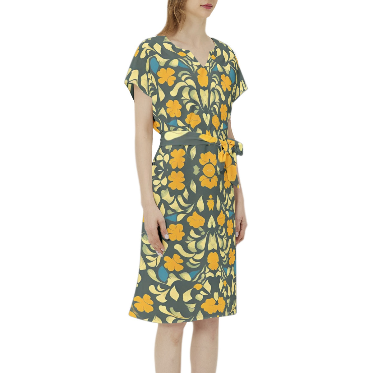 Boat Neck Belted Flared Dress with belt