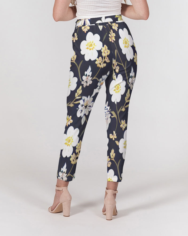 Pink flower black background Women's All-Over Print Belted Tapered Pants