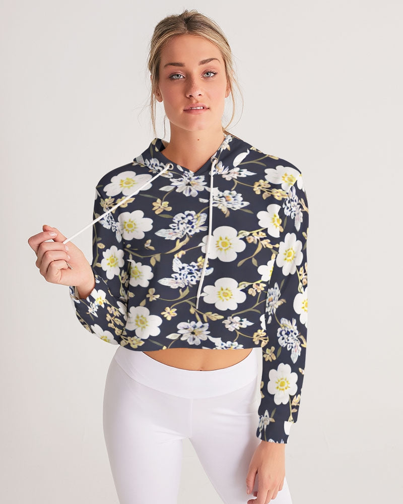 Pink flower black background Women's All-Over Print Cropped Hoodie
