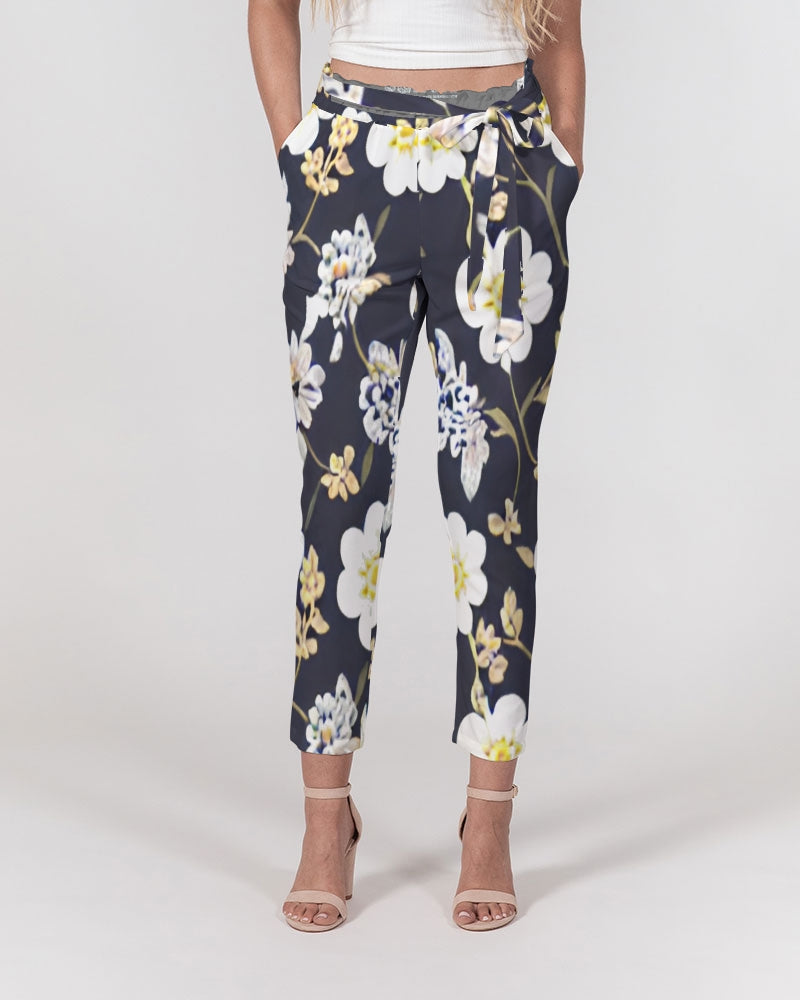 Pink flower black background Women's All-Over Print Belted Tapered Pants