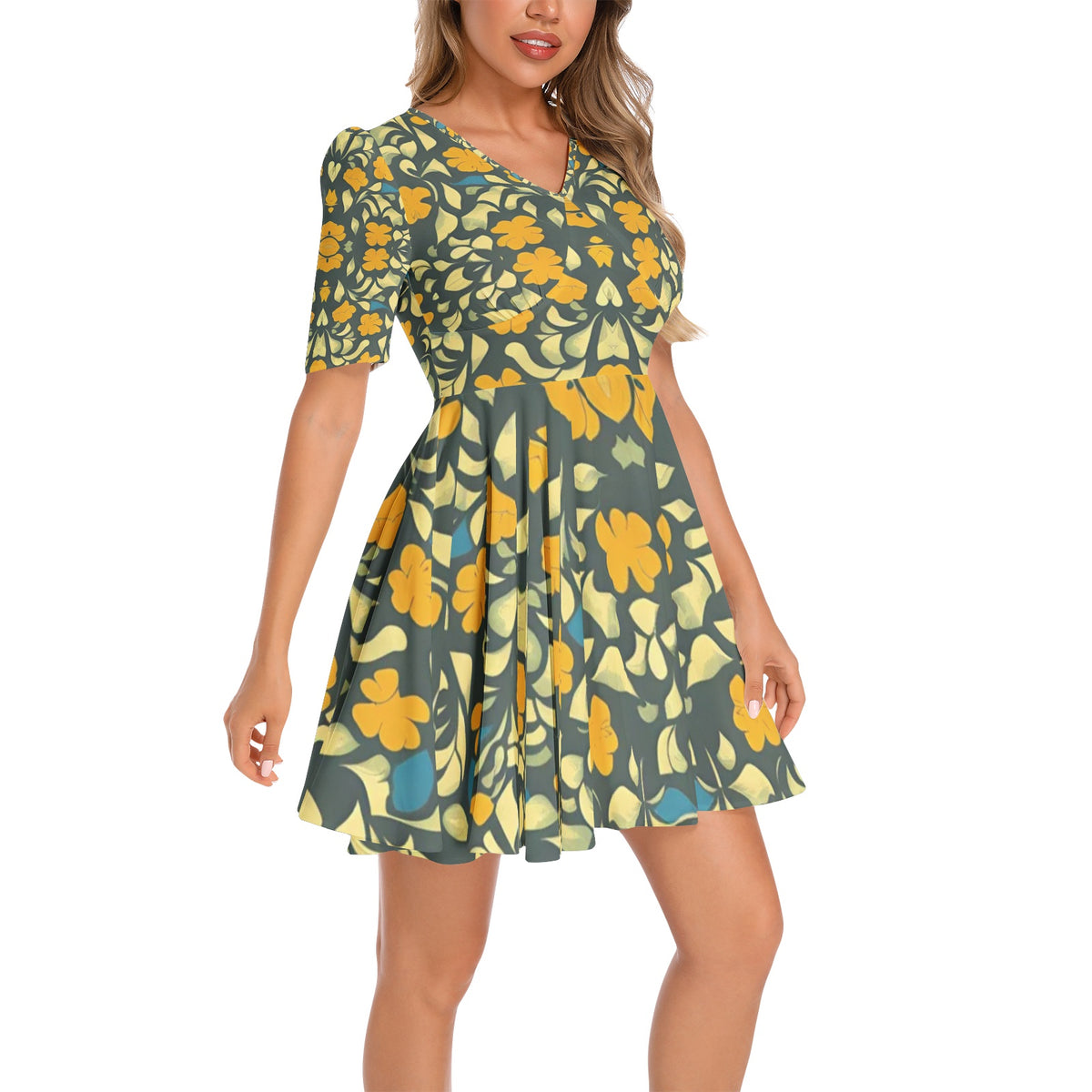 Silver grey white hair inspiration Short Sleeve Ruched Bust Flared Hem Dress