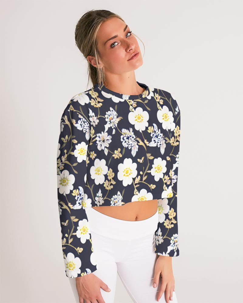 Pink flower black background Women's All-Over Print Cropped Sweatshirt