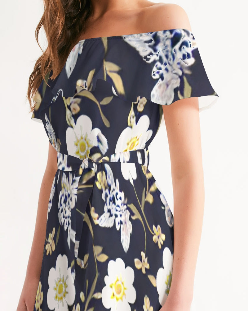 Pink flower black background Women's All-Over Print Off-Shoulder Dress
