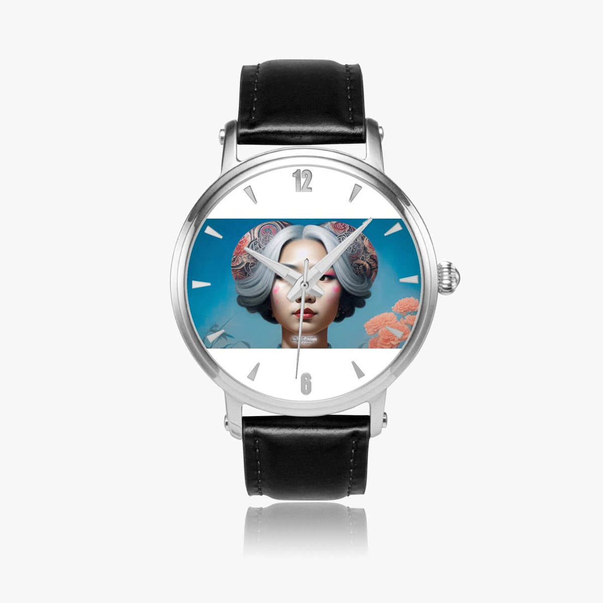 Asian woman clock face Silver grey white hair inspiration 46mm Unisex Automatic Watch (Silver)