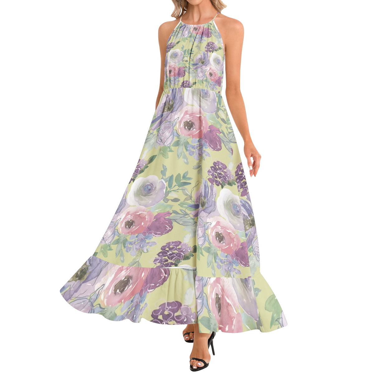 Ruffle Hem Halter Neck Maxi Dress
