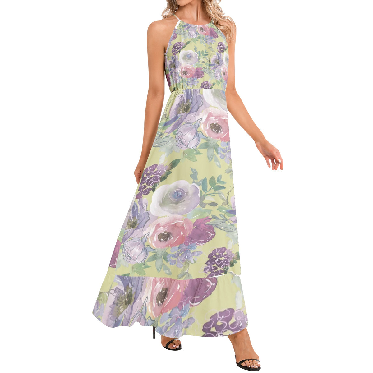 Ruffle Hem Halter Neck Maxi Dress