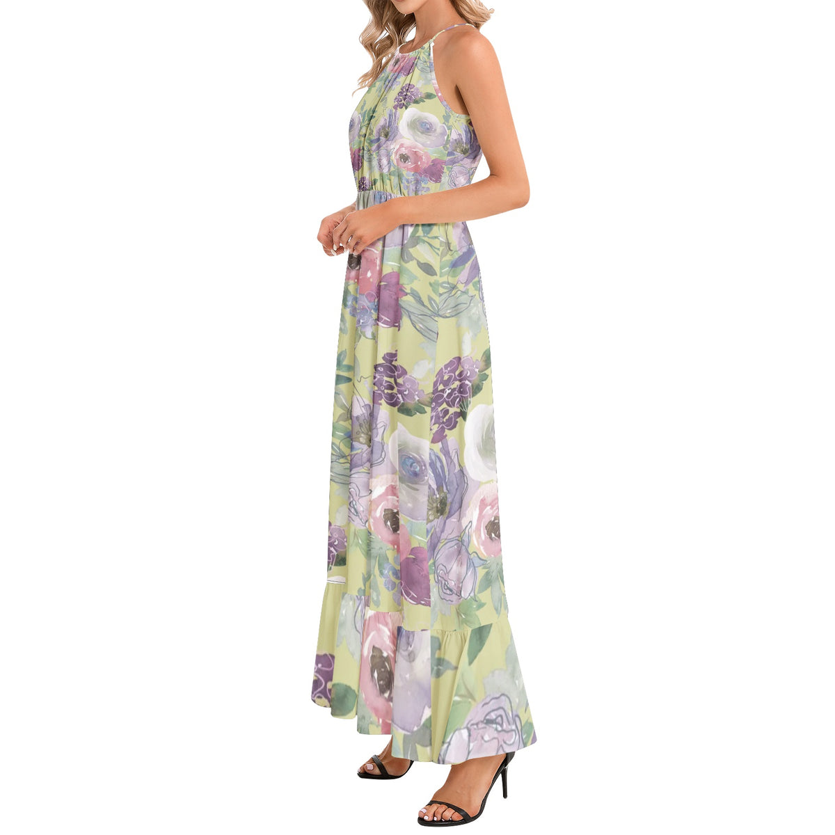 Ruffle Hem Halter Neck Maxi Dress