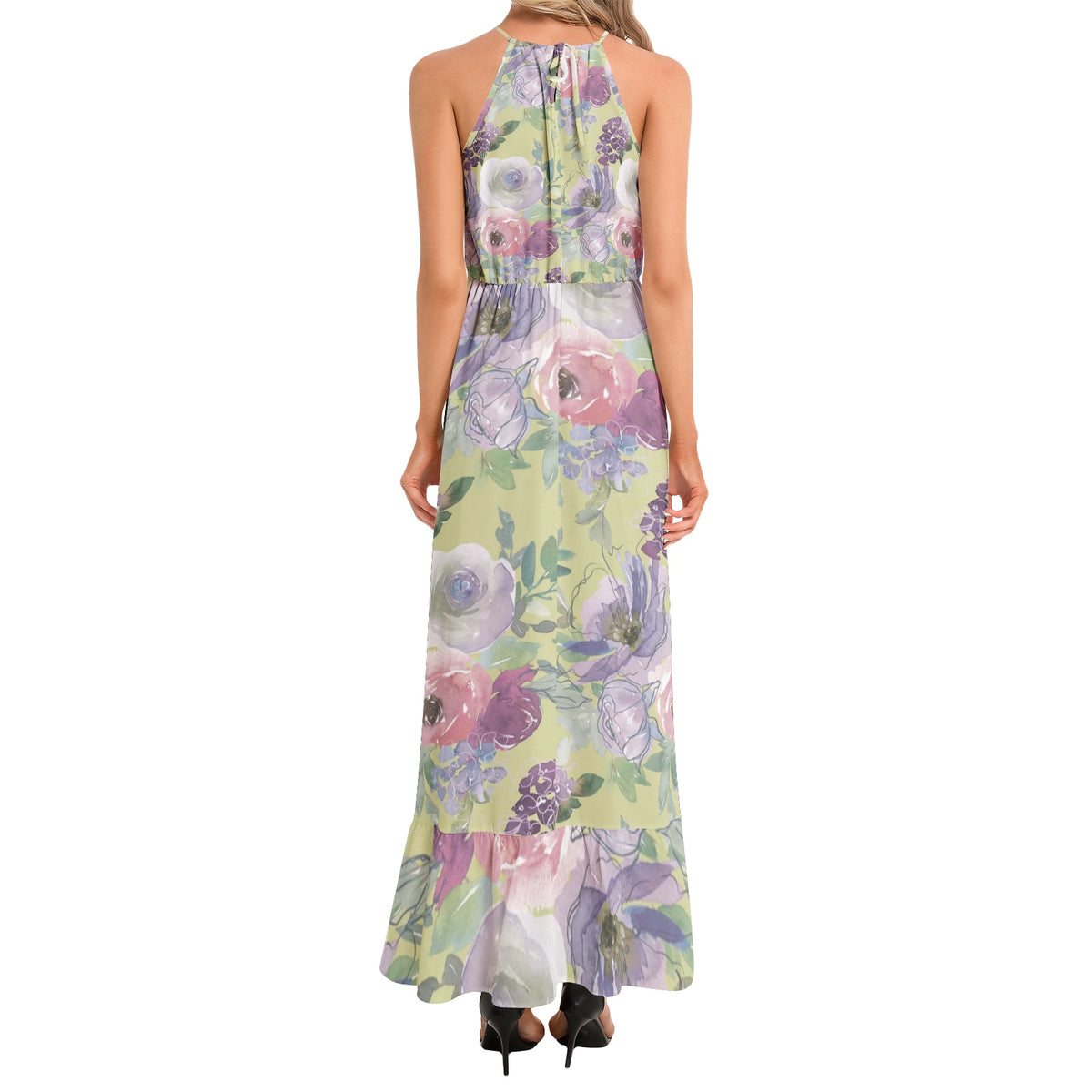 Ruffle Hem Halter Neck Maxi Dress